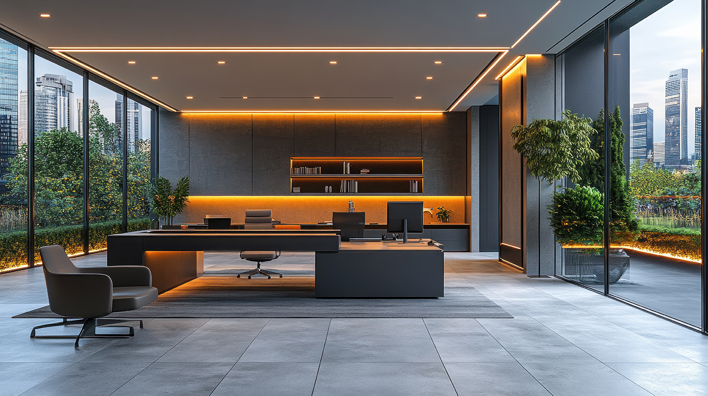 Modern office interior design with large windows, city view, and sleek furniture