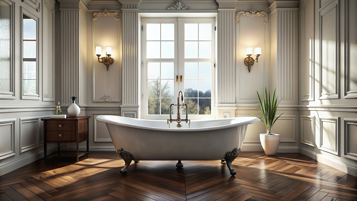 bathroom with white walls dark wood floor